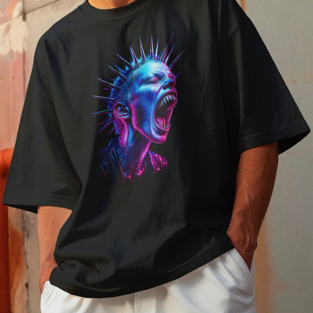 Camiseta Oversized Gola Alta Streetwear Algodão Estilo Urbano Treino Casual Preto Estamp Todas Ocasiões CYBERPUNK 59