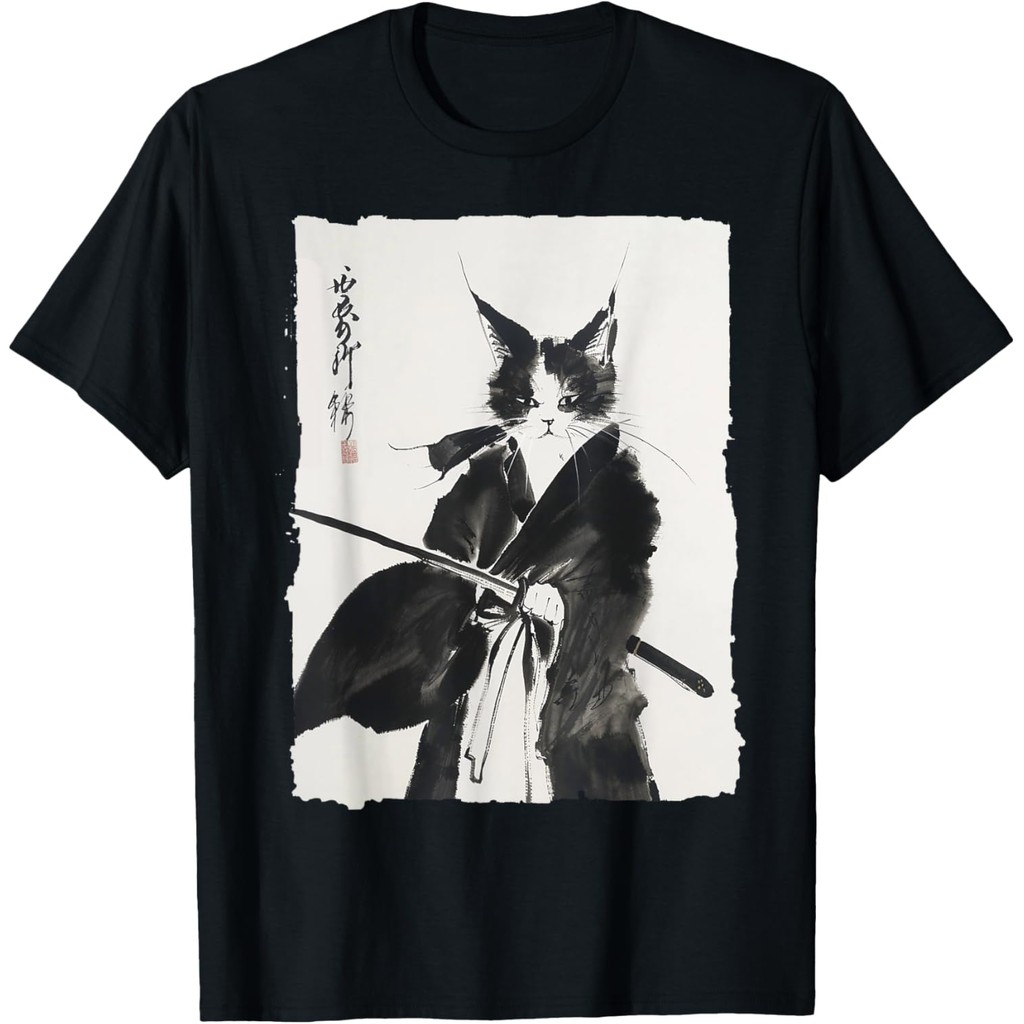 2025 Novo Camiseta Masculina Samurai Cat Tee: Vintage Ukiyo-e Warrior Art Graphic Cat Art T-Shirt