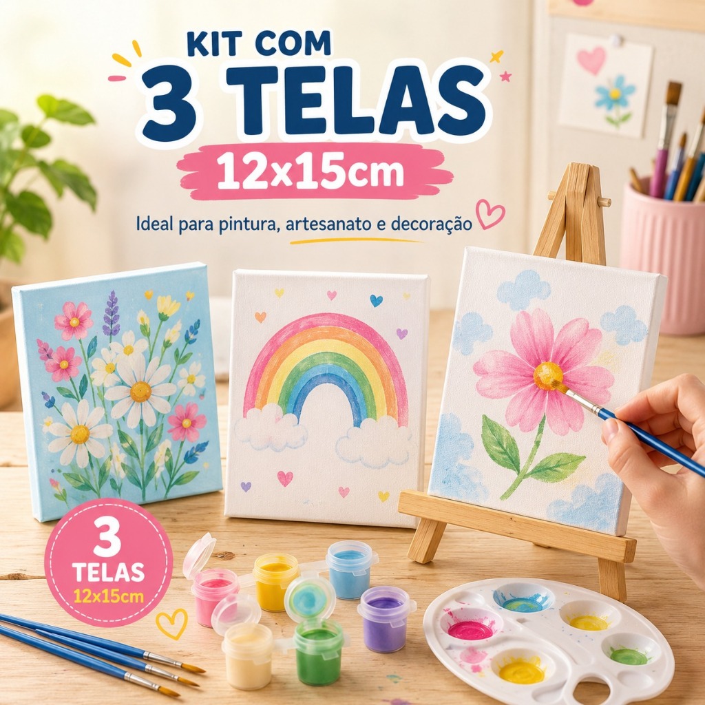 Kit 3 Telas Brancas para Pintura 12x15cm | Mini Tela Canvas para Tinta Guache Acrílica Artesanato e Desenho