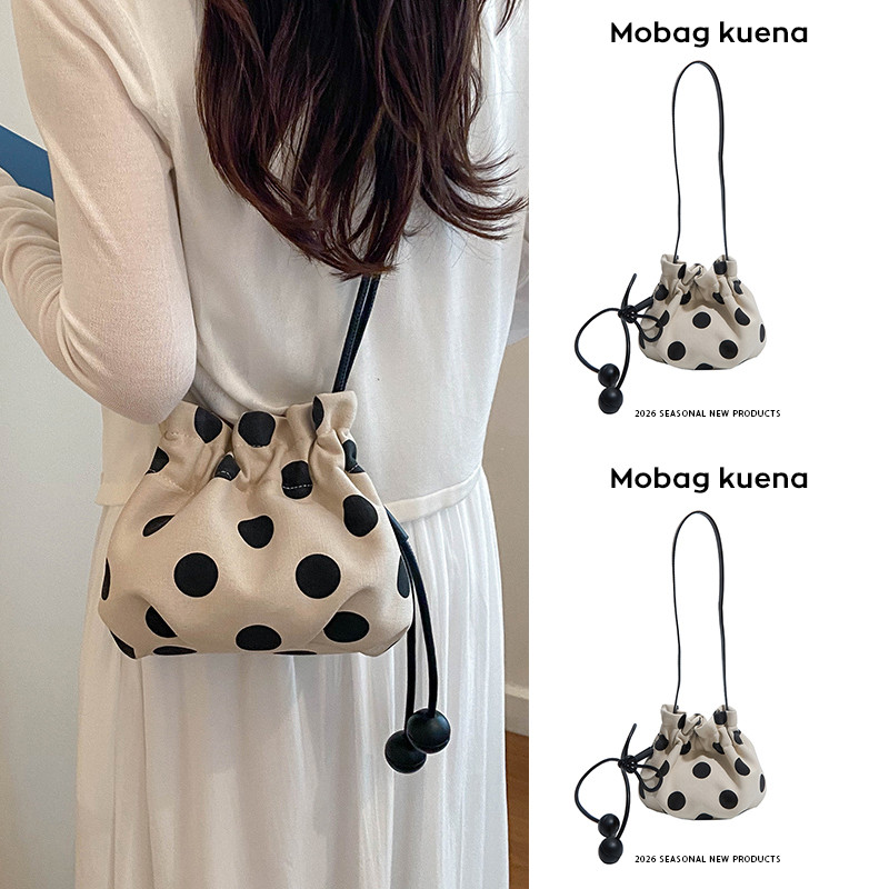M & Kuena Mini Bolsa Pequena Moda Feminina Novo Estilo Commuter Polka Dot Bucket Bag Cross-Body Canvas Bolsa para Celula
