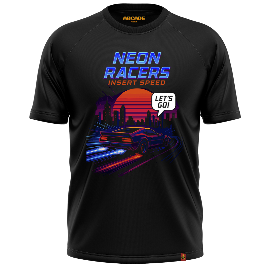 CAMISETA ARCADE GEEK GAMER CORRIDA NEON RACERS INSERT SPEED LETS GO GEAR
