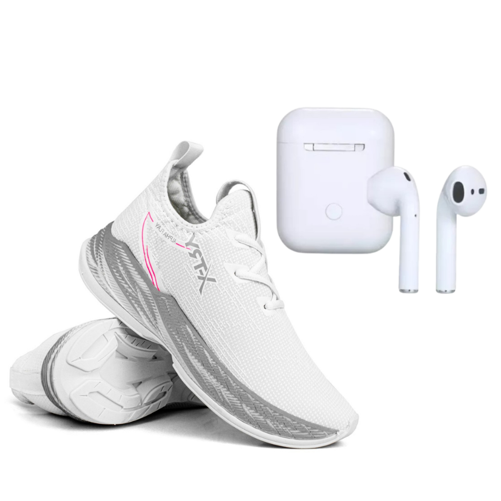 Kit Tênis Branco Feminina Caminhada + Fone Ouvido P/ Celular