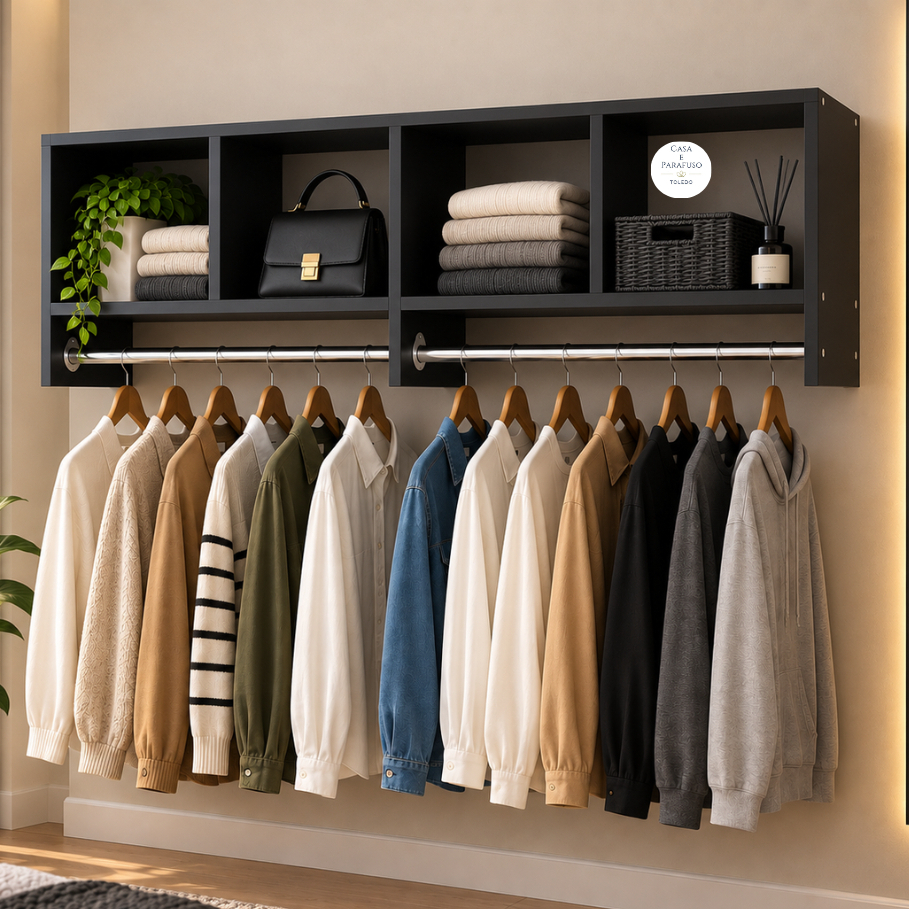 Closet Modular Adaptável com Nichos e Cabideiro | Organizador de Parede  119