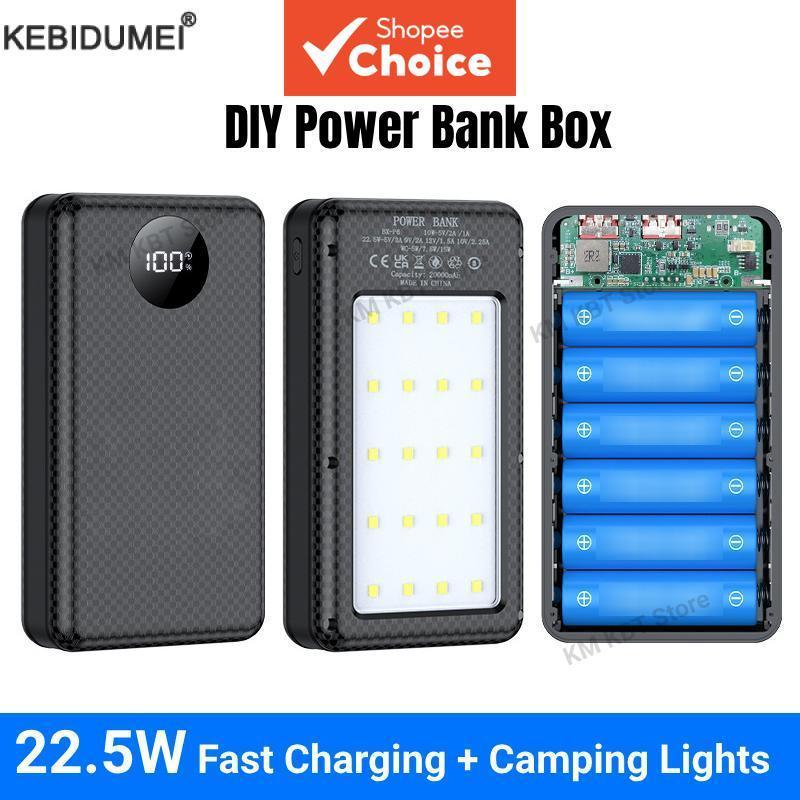 Suporte de bateria 18650 de carregamento rápido 22,5 W com portas USB duplas e Type-C, luz LED, banco de energia DIY