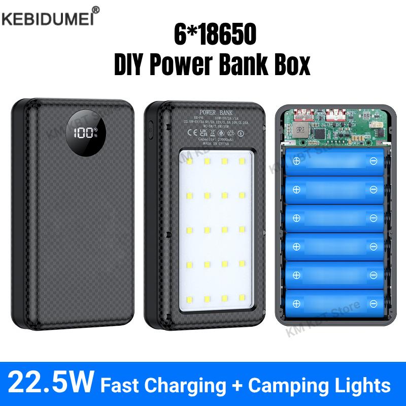 Suporte de bateria 18650 de carregamento rápido 22,5 W, portas USB duplas e Tipo C, luz LED, DIY para iPhone/Xiaomi para