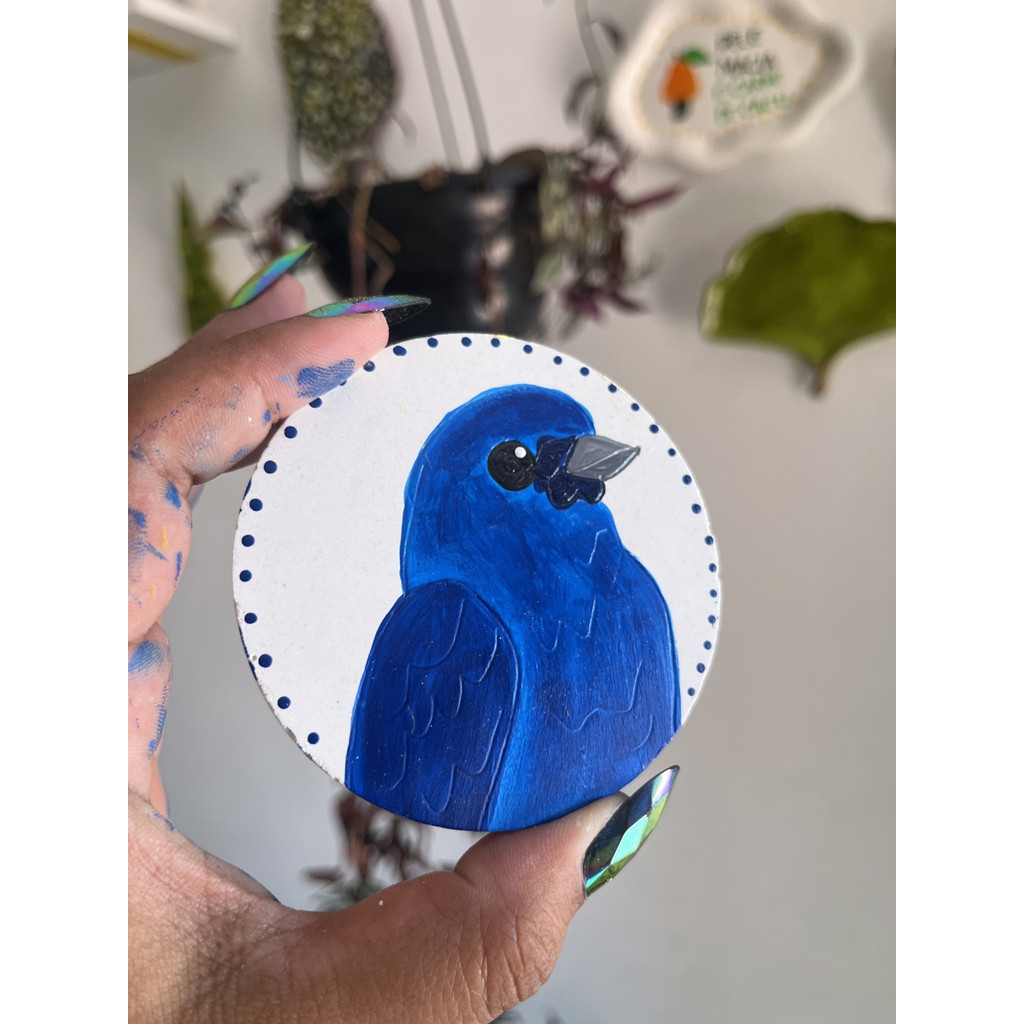 Mini Quadro Decorativo Pássaro Azul 7cm - Arte Artesanal Pintada à Mão