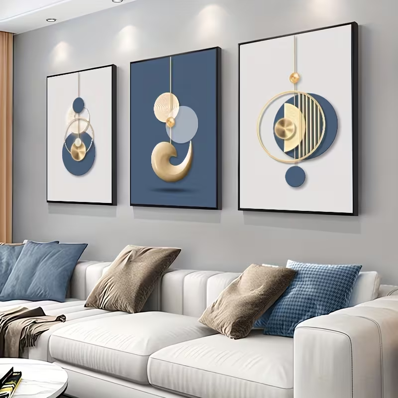 Conjunto 3 Quadros Minimalistas Elegante Azul Marinho e Ouro Decoração Quarto Premium Geométrico