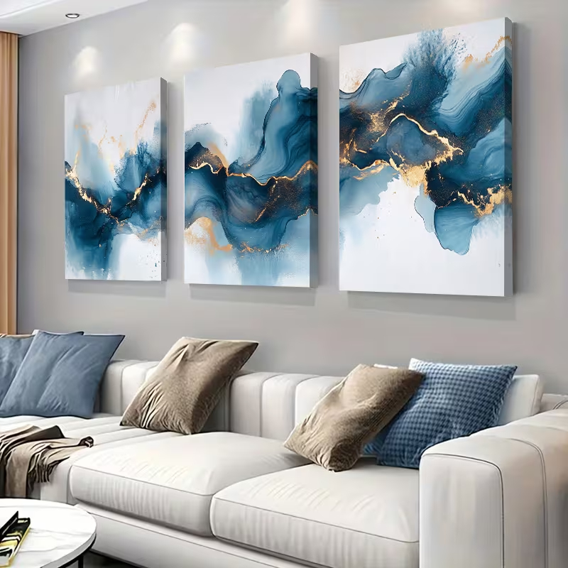 Kit 3 Quadros Decorativos Abstrato Azul e Ouro Luxo Sem Furar Parede Arte Contemporânea Premium