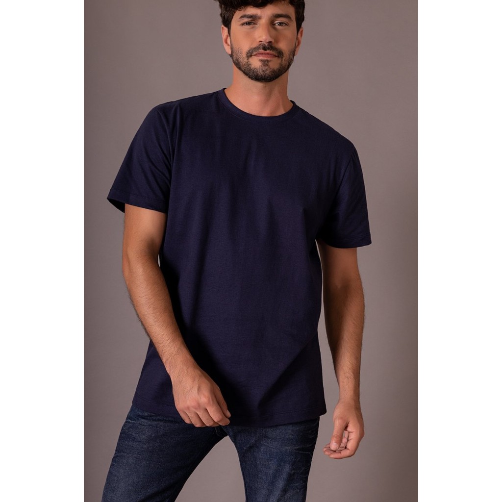 Camiseta Básica Masculina Algodão Premium Com Elastano Azul Marinho