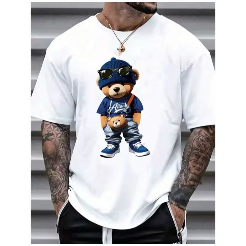 Camiseta Masculina Ursinho Estiloso Azul Camisa Premium 100% Algodão Casual
