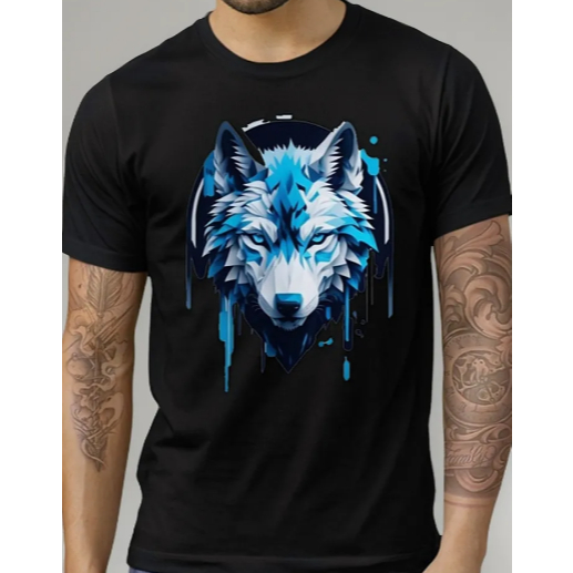 Camiseta Masculina Estampa Lobo Azul Tecido Premium 100% Algodão