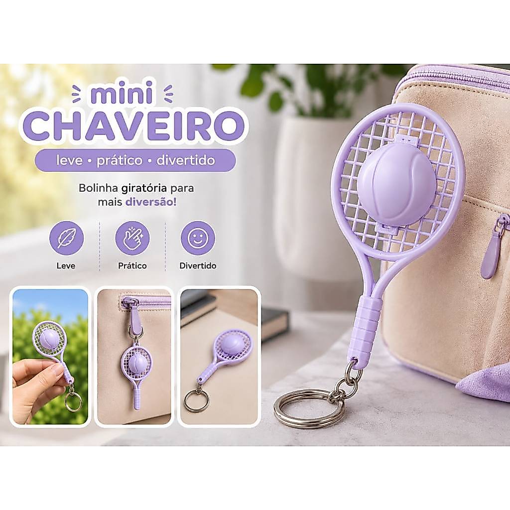 CHAVEIRO RAQUETE DE TÊNIS COM BOLINHA GIRATÓRIA l DIVERTIDA l IMPRESSÃO 3D