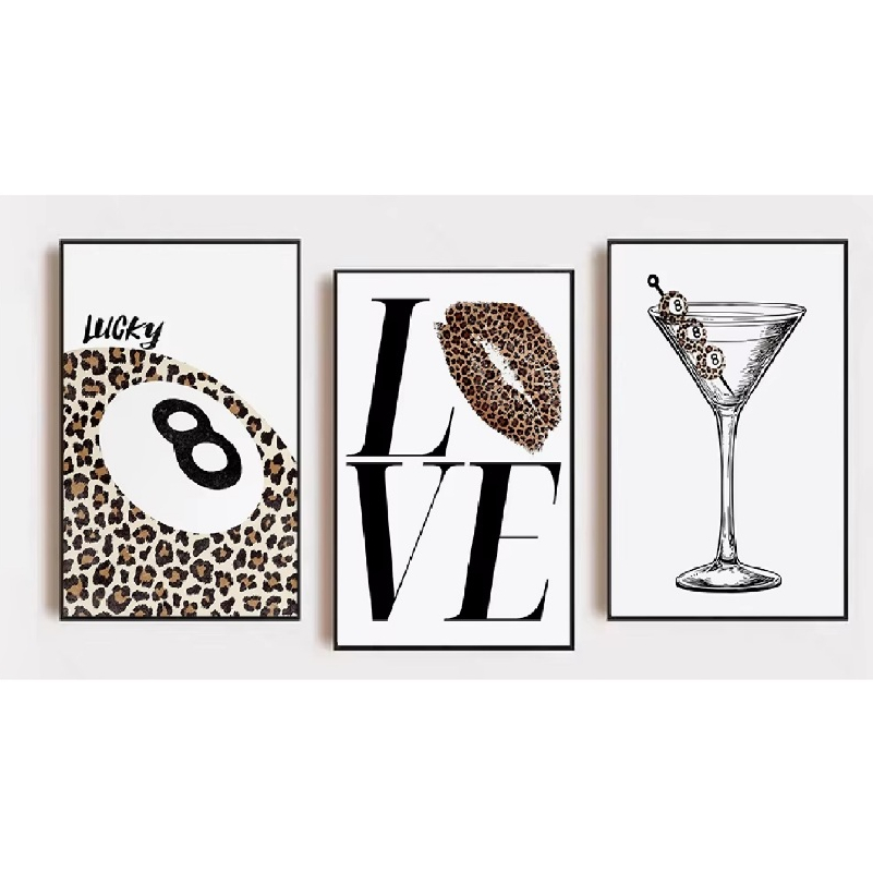 Quadros decorativos Funky sujo martini cocktail & leopardo sorte no.8 bola batom beijo (3 peças)