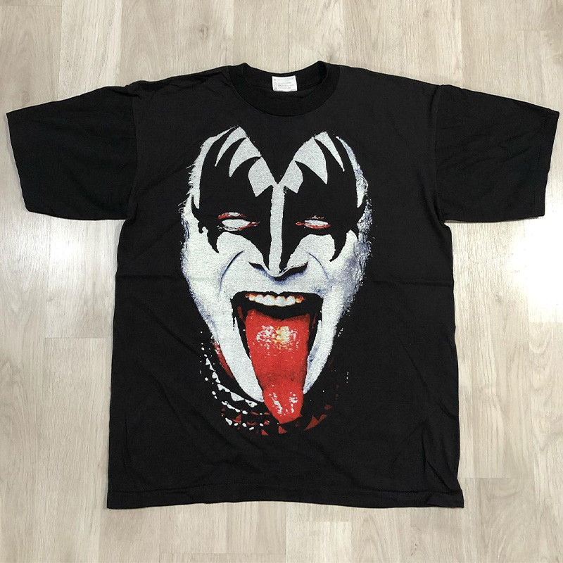 KISS Band American Classic Rock Retro Manga Curta cityboy Algodão Pesado High Street FOG Homens Mulheres Textura Camiset