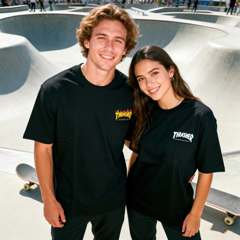 Street American Thrasher Classic High 100 % Algodão Premium Camiseta Para Homens E Mulheres Com O Mesmo Casal De Manga C