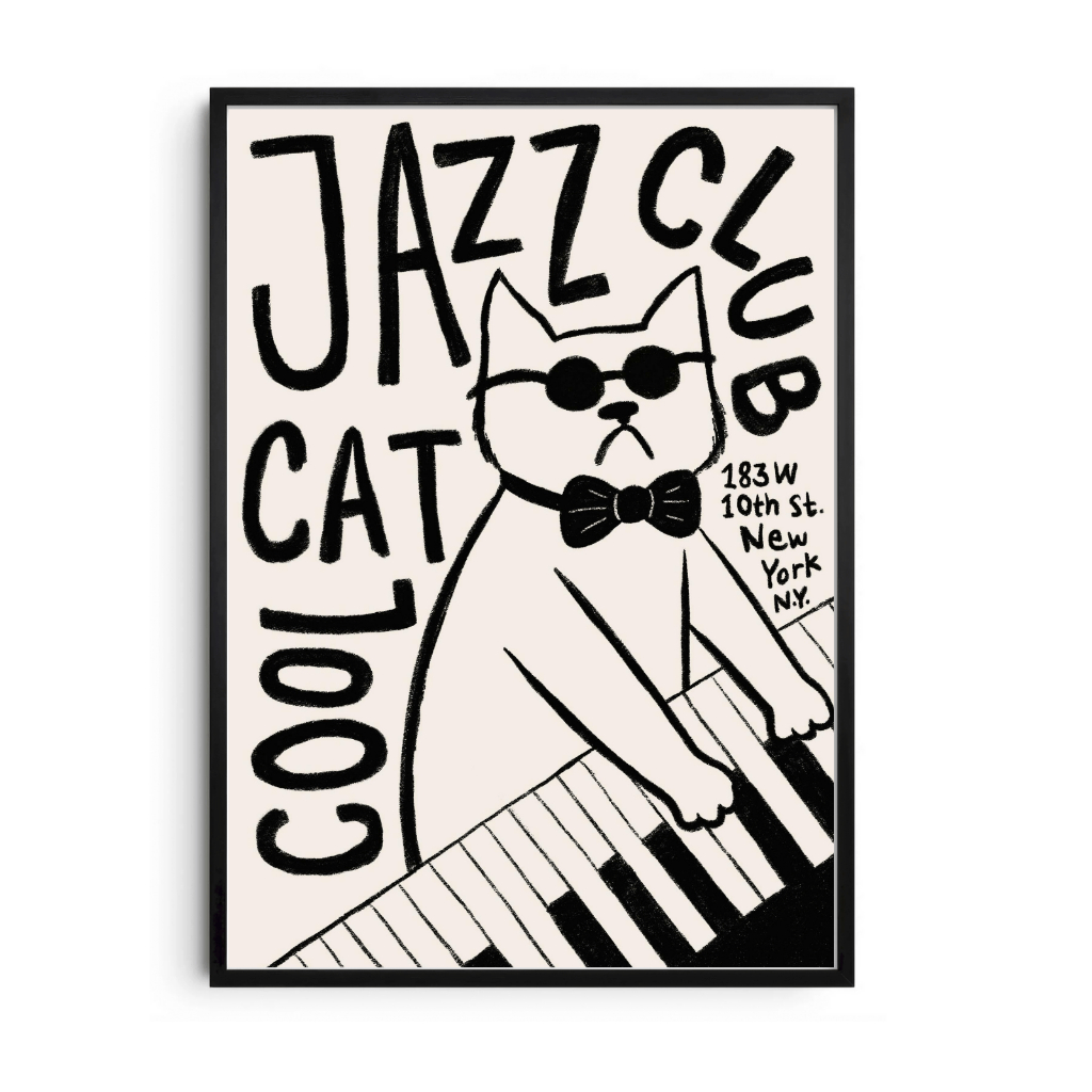 Quadro Gato Jazz Vintage Cool Cat | Arte Preto e Branco Retrô | Poster Premium A3/A4 Moldura Preta