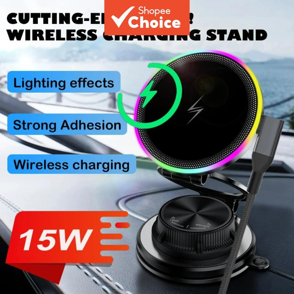 Suporte Magnético Giratório Para Telefone Carro A Vácuo 360 15W De Luz RGB De Carregamento Sem Fio