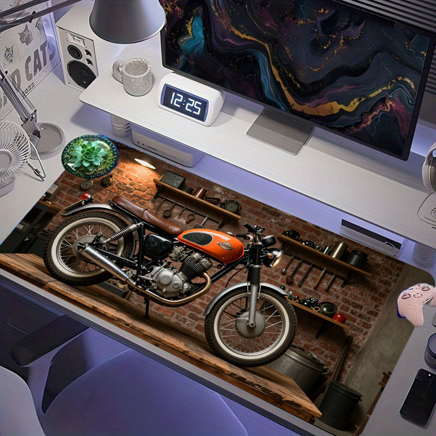 Tapete de mouse para jogos estendido estilo vintage laranja, café racer, motocicleta vermelha, oficina de tijolos,