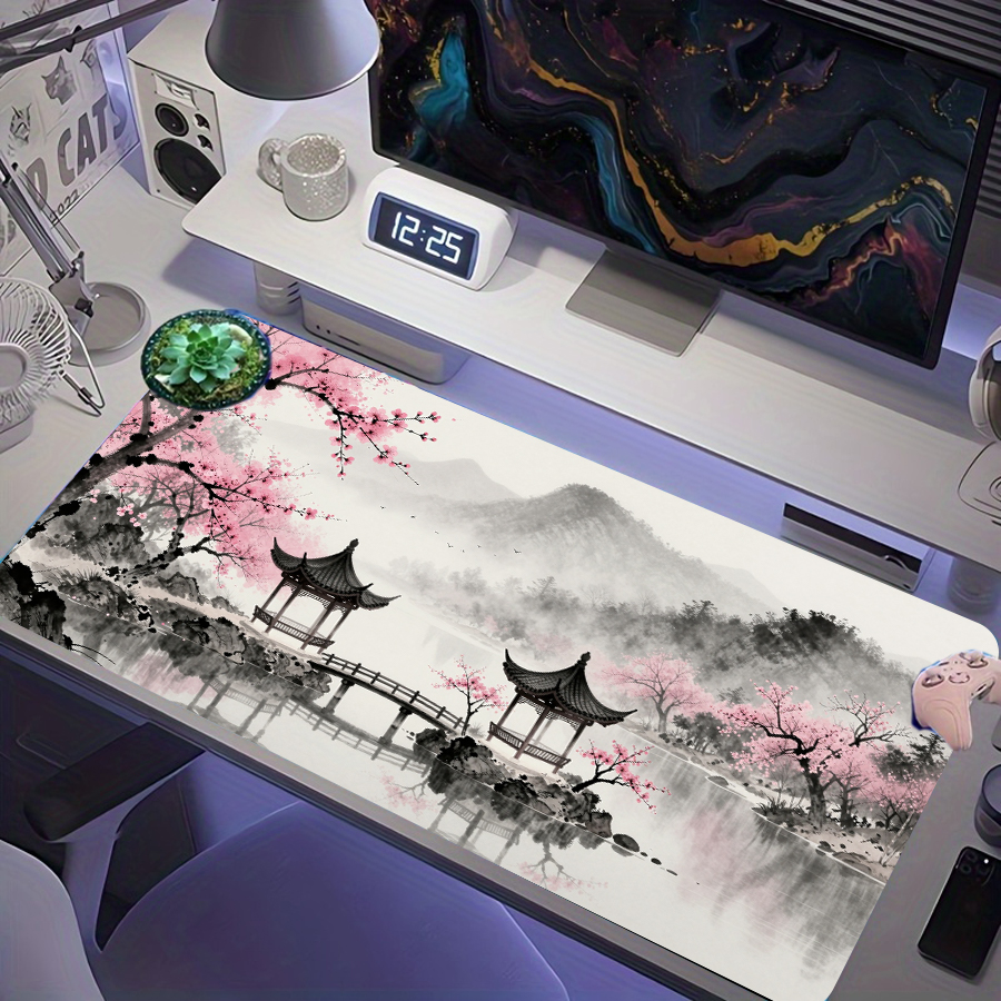 Tapete de mesa XXL Pavilhão Sakura com Tinta Vintage - Impressão de estilo chinês clássico, ponte de madeira, montanha