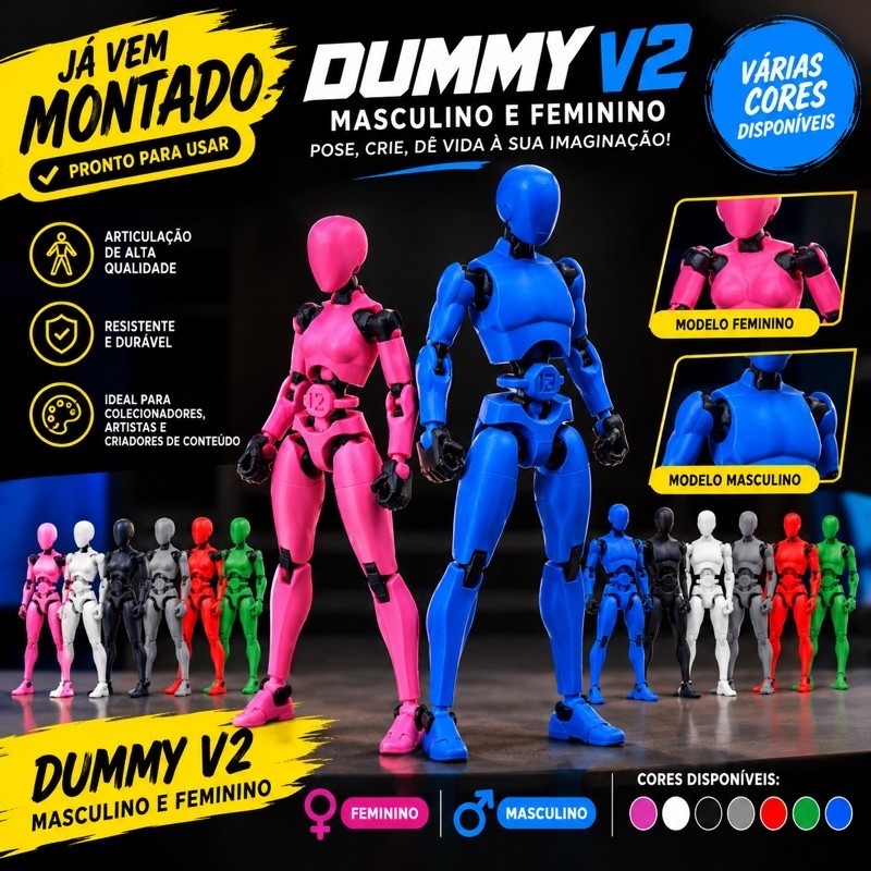 Dummy 2.0 Boneco Articulado 14,5cm Masculino e Feminino | Boneco para Desenho Pose | Várias Cores | Vai Montado
