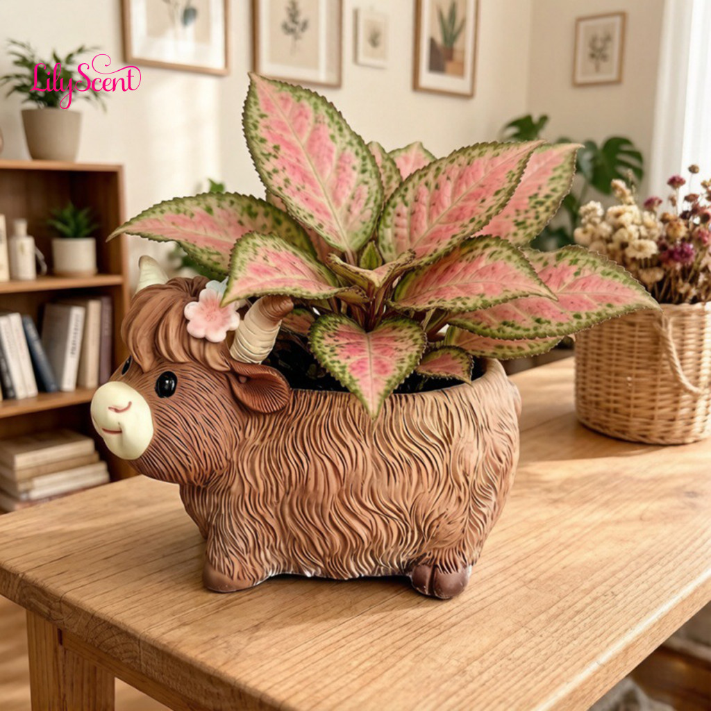 Highland Cow Planter Small Cactus Pot Resin with Drainage Hole – Cute Flower for Boho Home Desk Patio Decor Indoor Out