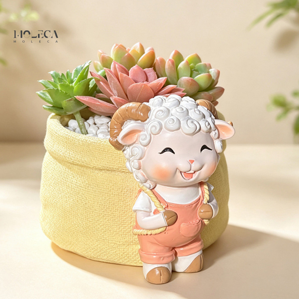 Small Window Sill Planter Cute Lamb Succulents Cartoon Sheep Carrying Bag Resin Flower Pot for Desk Decoration Houseplan