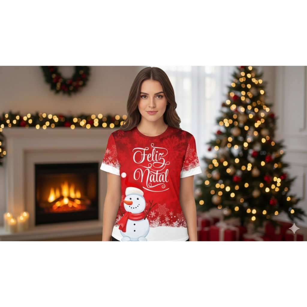 Camiseta Feliz Natal Boneco de Neve e Papai Noel Vermelha Festas Fim de Ano Dryfit