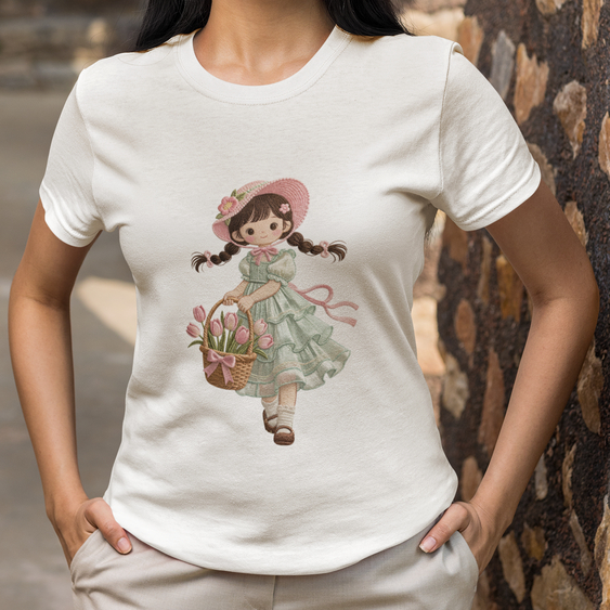 Camiseta boneca vintage flores tulipas fofa, t-shirt cute, blusa