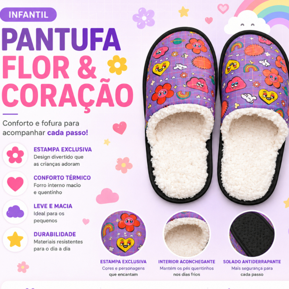Pantufa Infantil Flor e Coração Cute Macia Peluciada Quentinha Inverno