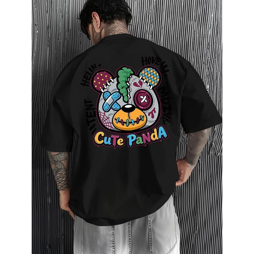 Camiseta Masculina Streetwear Algodão Penteado Infantil Adulto Plus Size Estampa Cute Panda Colorido botão olho Over