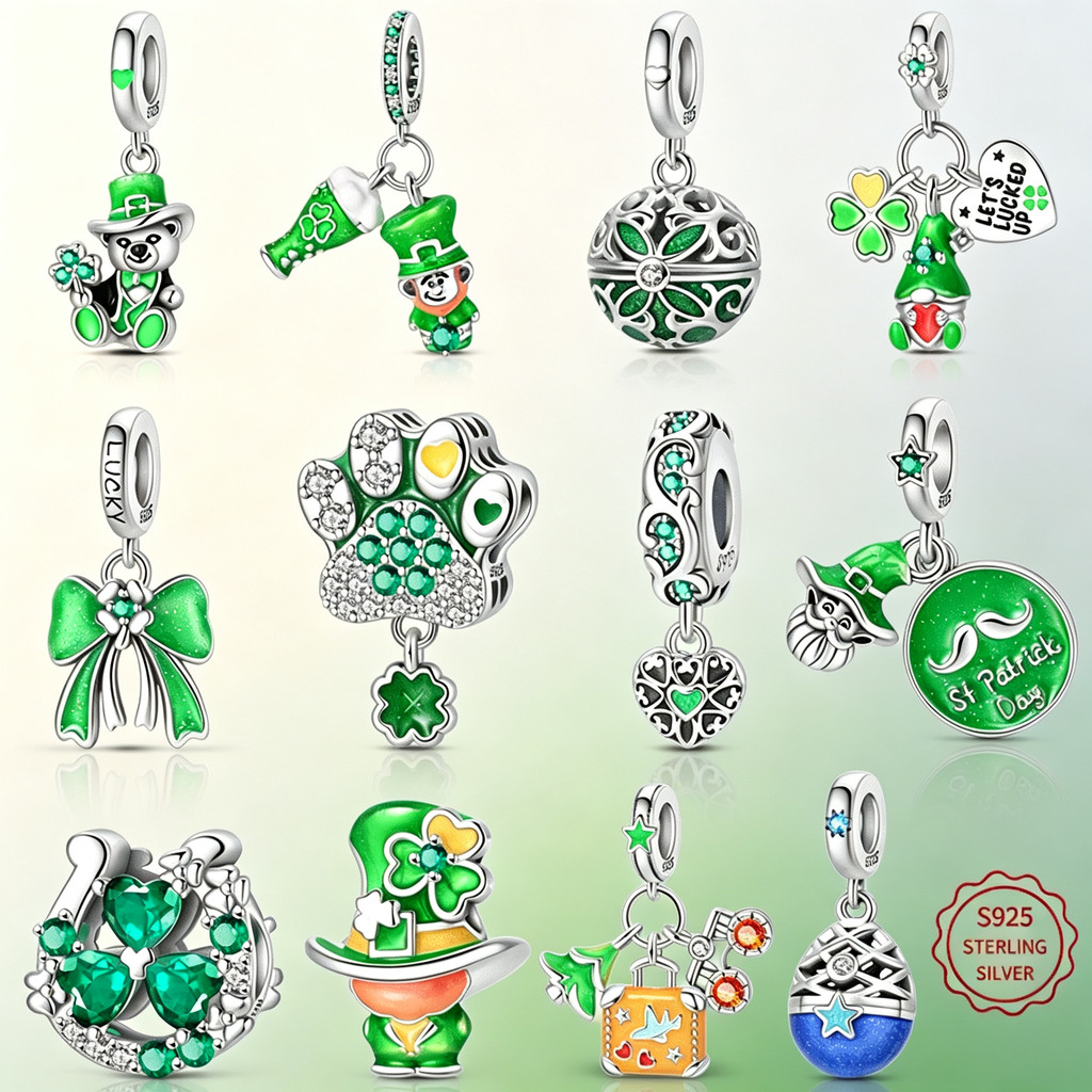 S925 prata esterlina trevo da sorte frisado adequado para colar de pulseira de 3 mm St. Patrick Green Theme DIY contas d