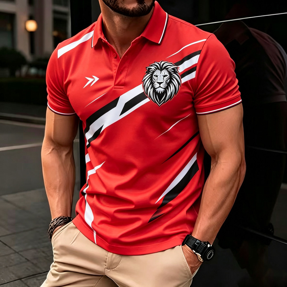 Camisa Polo Masculina De Manga Curta Lion Badge Print Star & Streak Graphics Atlética Moderna Respirável