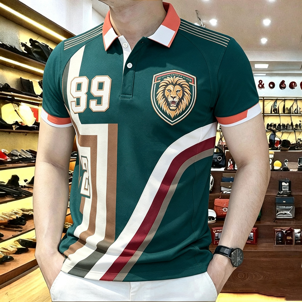 Camisa Polo Masculina De Manga Curta Roaring Lion Print Dynamic Streaks Number & Shield Badge Camiseta Esportiva Respirá