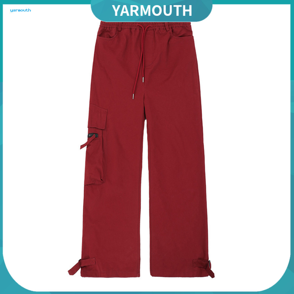 Retro Pants Men Casual Men's Hip Hop Cargo with Large Pockets Wide Leg Loose Fit Drawstring Elastic Waist Vintage Street