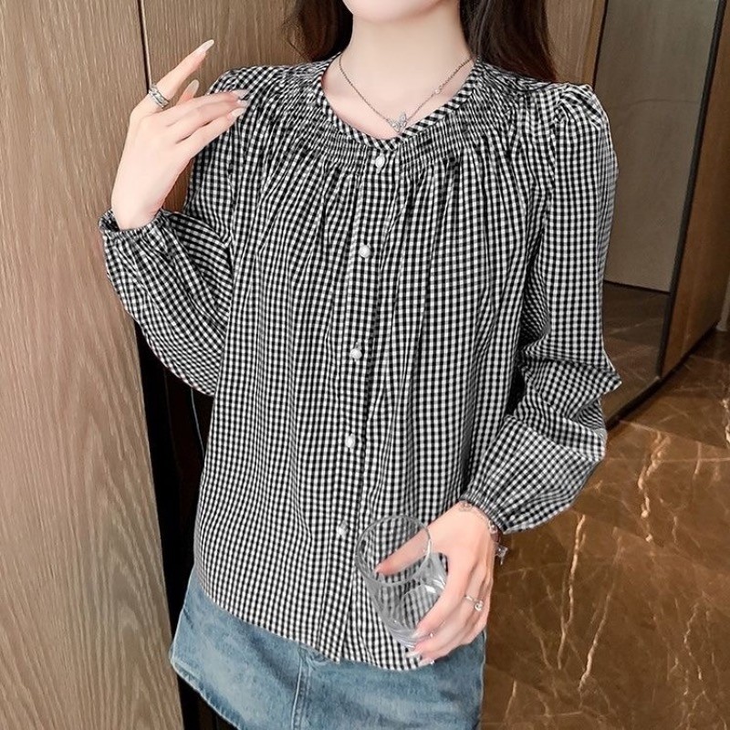 Camisas Xadrez Femininas Estilo Coreano Moda Outono Primavera Solto Topos Vintage Feminino Simples Botão Ins Camisa De L