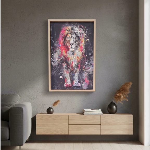 Quadro Leão Decorativo Canvas 61,5x40cm Moldura Mdf 5cm Luxo Moderno
