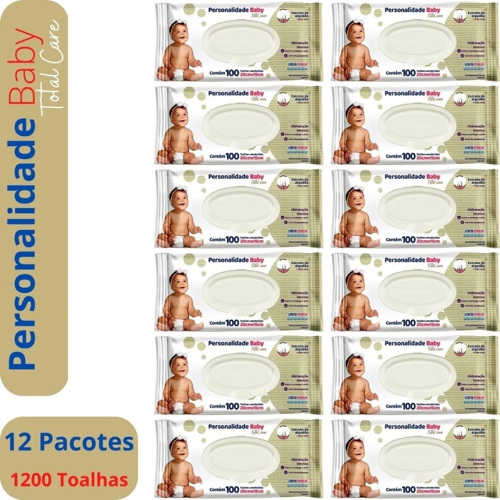 Kit 12 Pcts Toalha Umedecida Personalidade Baby 100un cada - Total 1200un