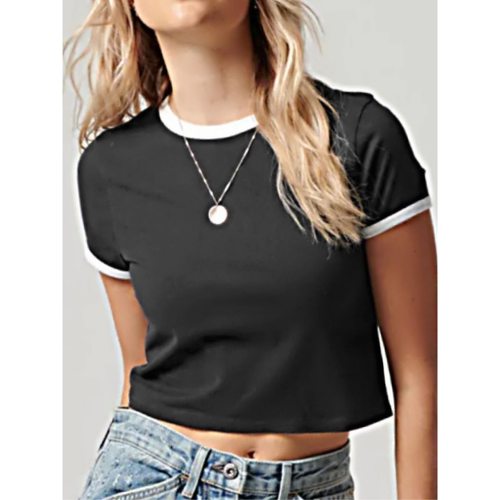 Blusa Cropped Ringer 100% Algodão Preto Bib Branco Soltinha