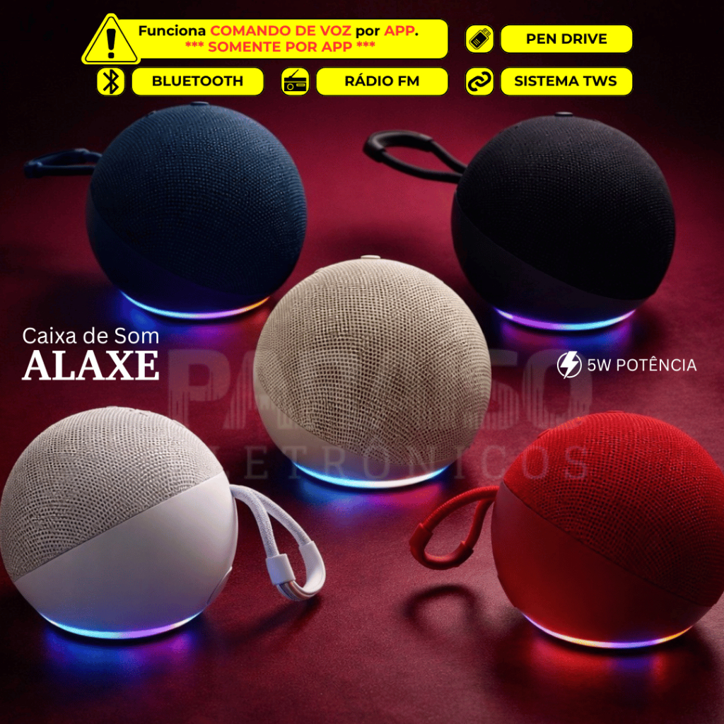 Caixa de Som Bluetooth ALAXE COM COMANDO DE VOZ POR APP Portátil LED Rádio FM - CORES ALEATÓRIAS