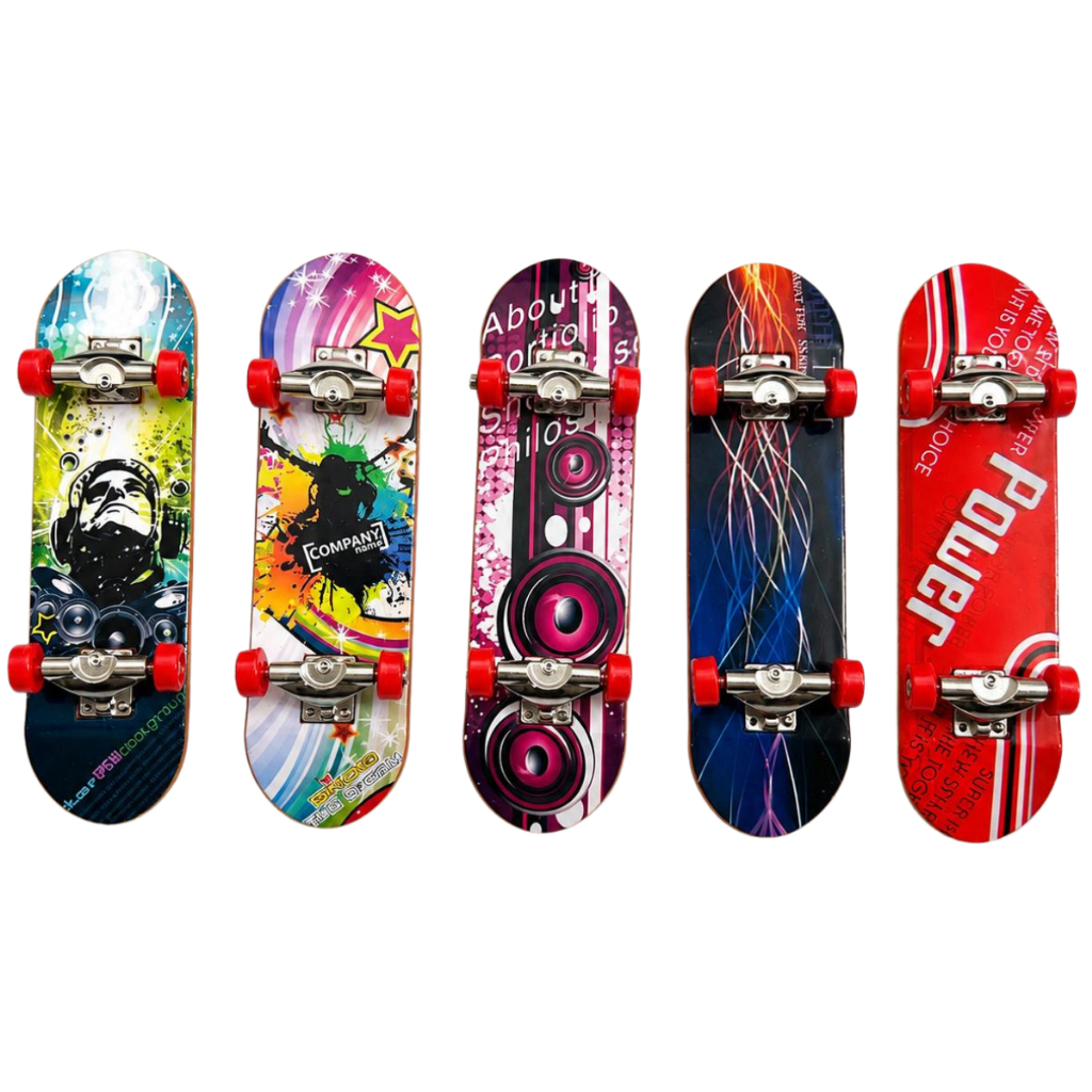 Kit 5 Skate De Dedo Fingerboard Mini Skate Infantil Manobras Com Truck Metal