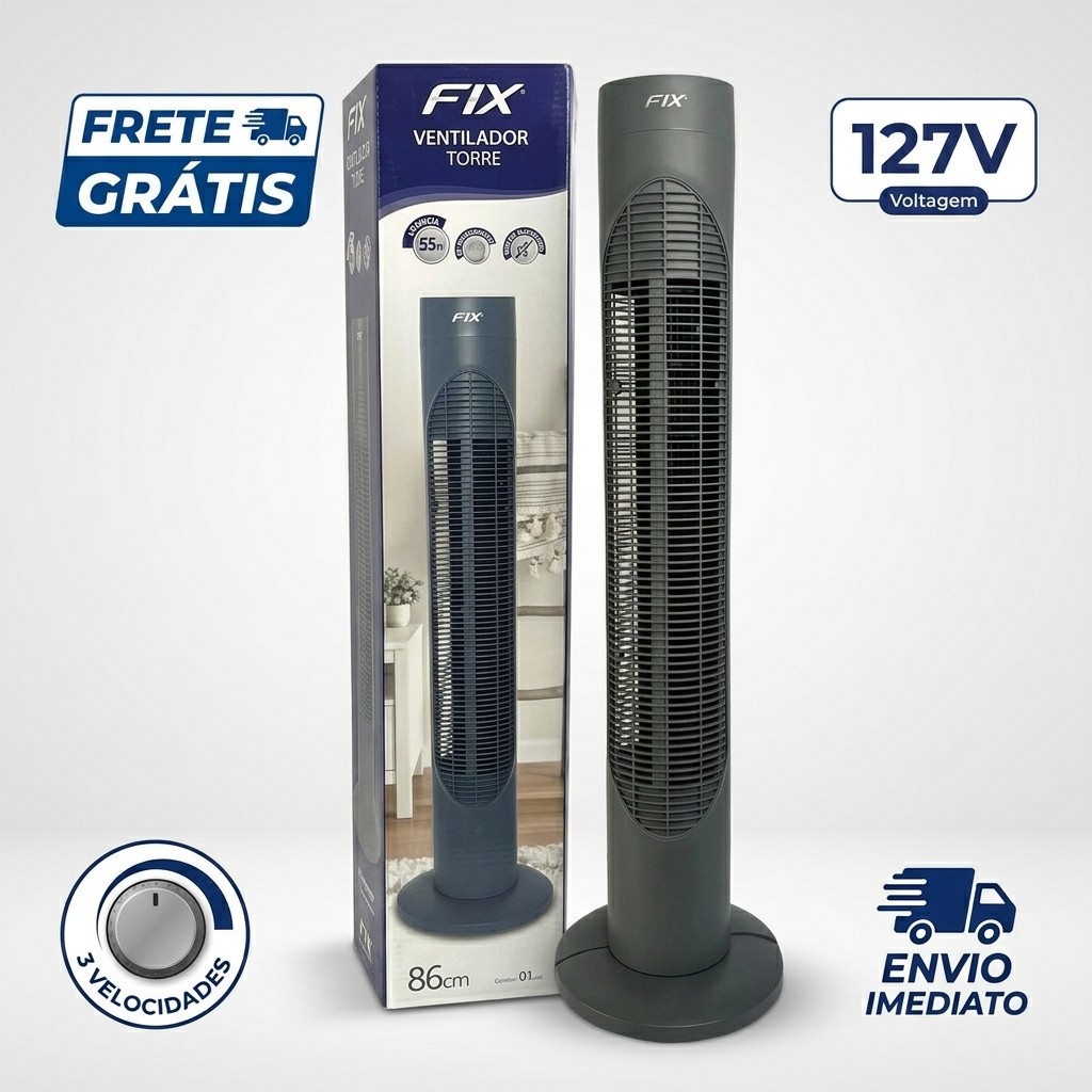 Ventilador Torre Coluna FIX cinza 3 Velocidades - 127V -  Silencioso Oscilante Home Office Sala com timer - Circulador