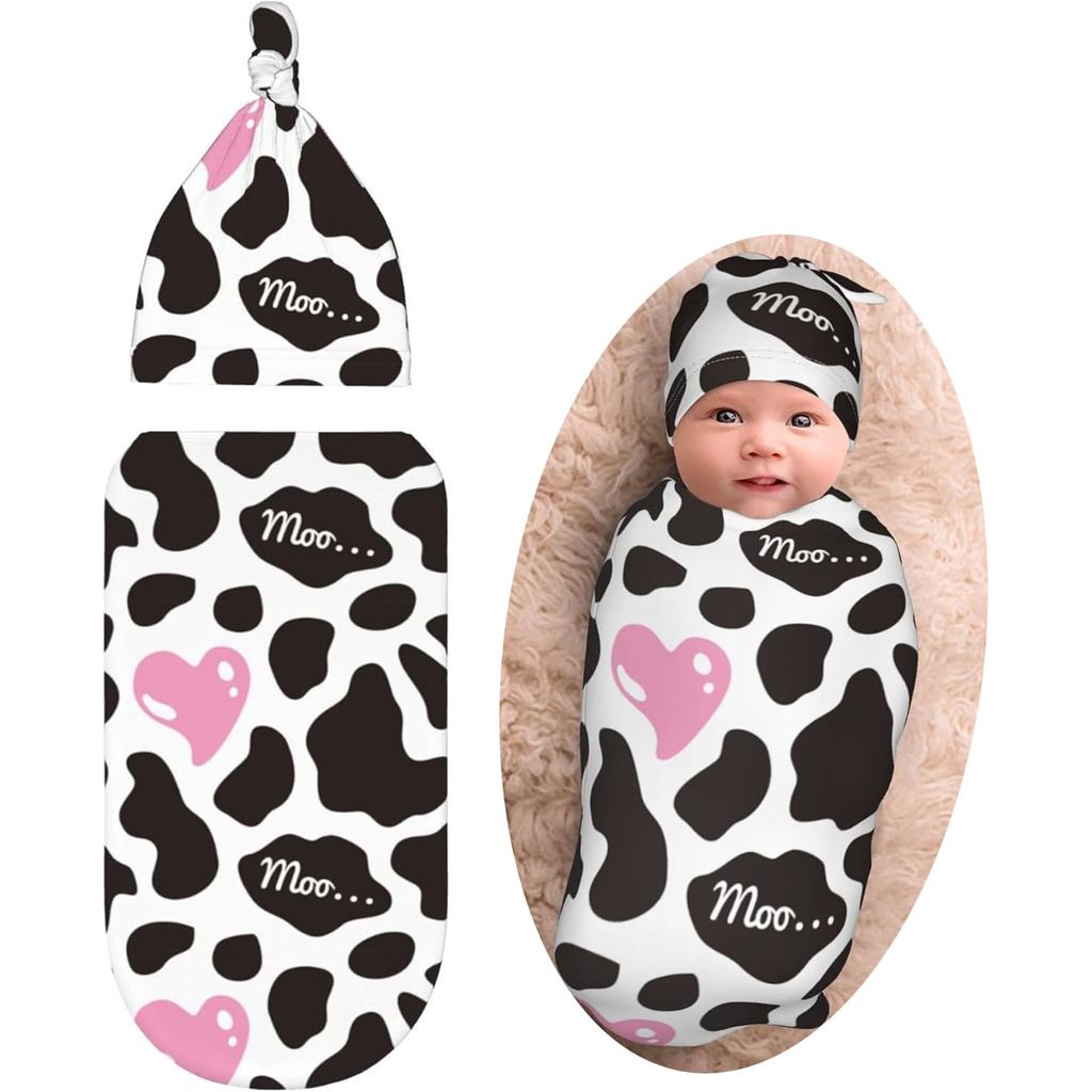 Cow Print Baby Stuff Newborn Swaddle Blankets Pink Heart Baby Wrap Blanket Soft Stretchy with Beanie Hat Sets Gifts for
