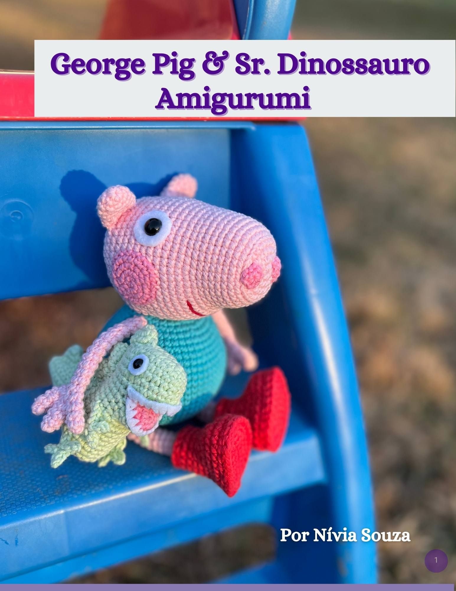 George Pig em suas galochas e o Sr. dinossauro receita amigurumi digital