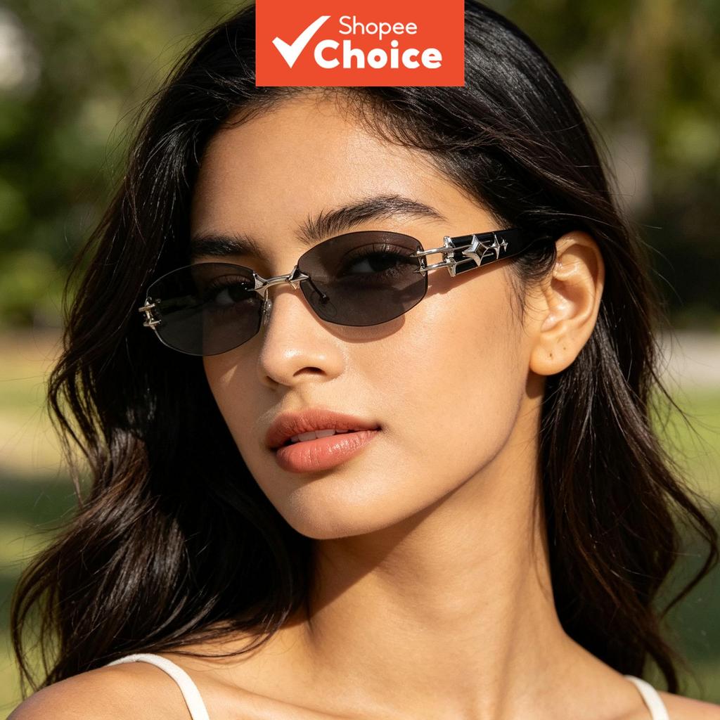 Óculos De Sol Ovais Sem Aro Femininos Uv400 Star Metal Decor Trendy Street Fashion Shades