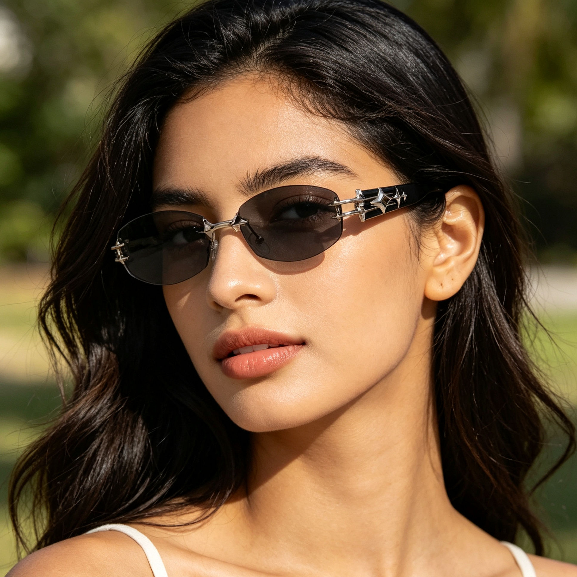 Óculos De Sol Ovais Sem Aro Femininos Uv400 Star Metal Decor Trendy Street Fashion Shades