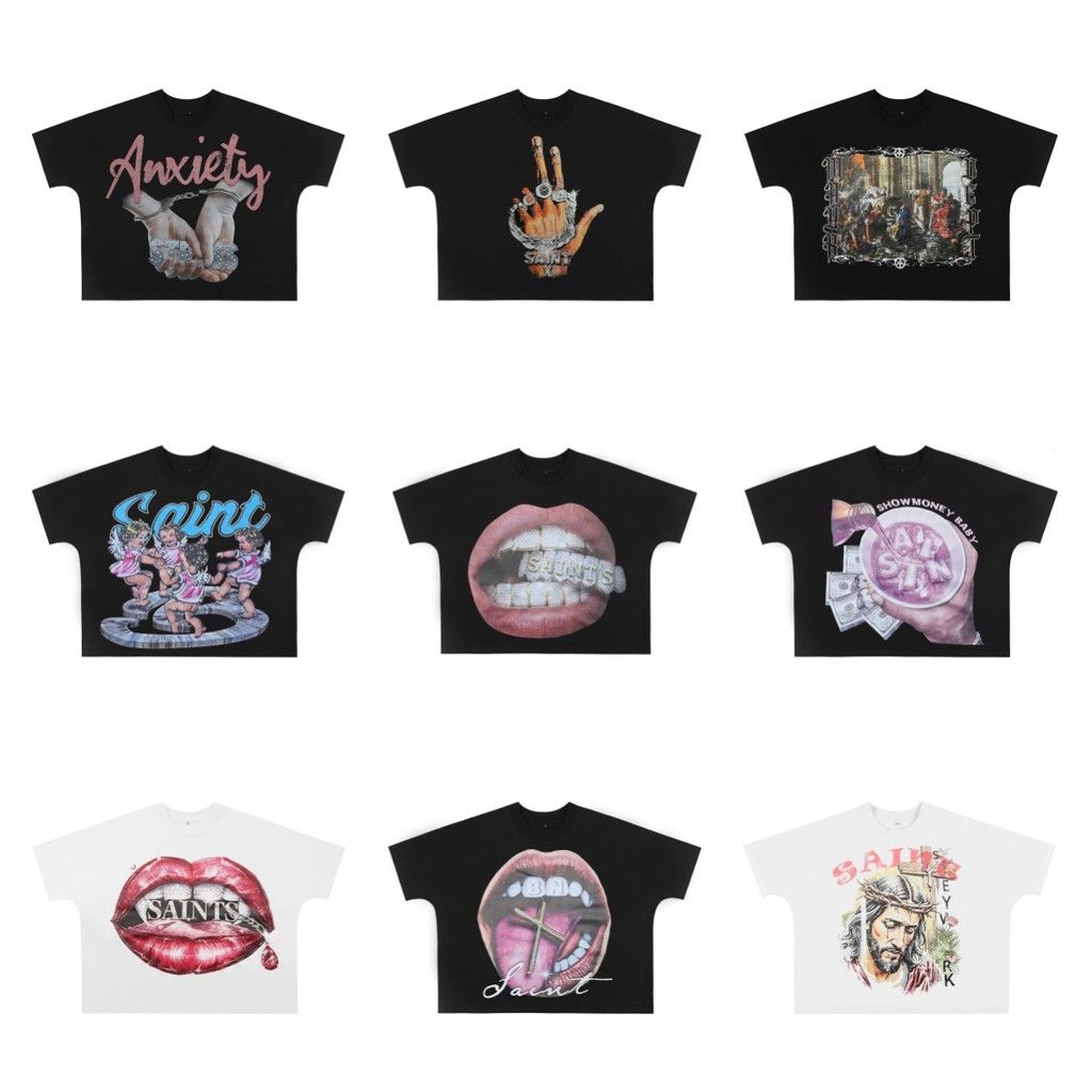 SAINT MICHAEL Estilo Americano Trendy High Street Lip Padrão Manga Curta Solta Bottoming Camiseta Estilo Curto