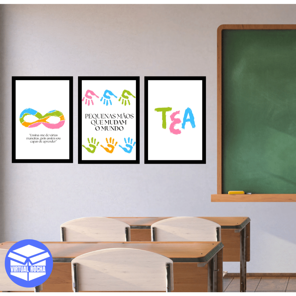 Kit 3 Peças Placa Quadros Decorativos Escolar Infantil Austismo TEA Inclusão
