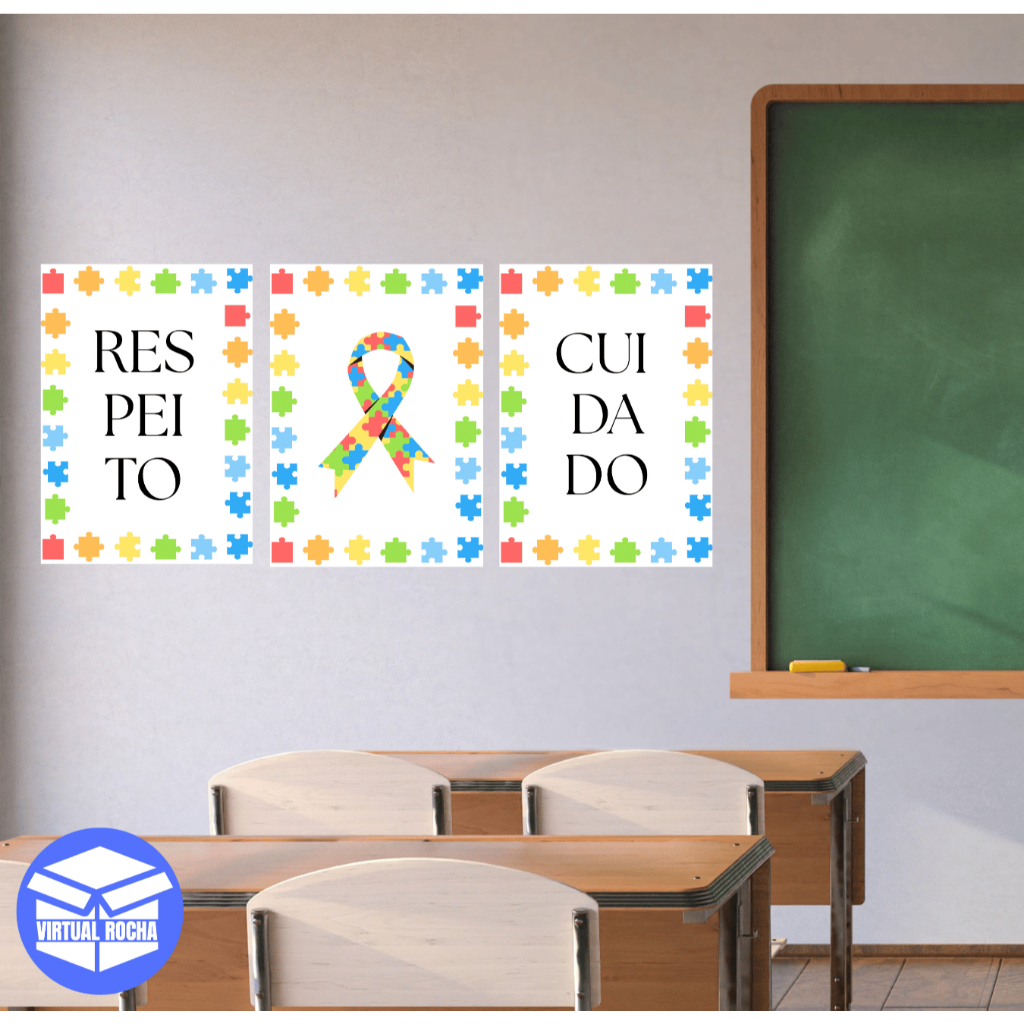 Kit 3 Peças Placa Quadros Decorativos Escolar Infantil Austismo TEA Inclusão Símbolo