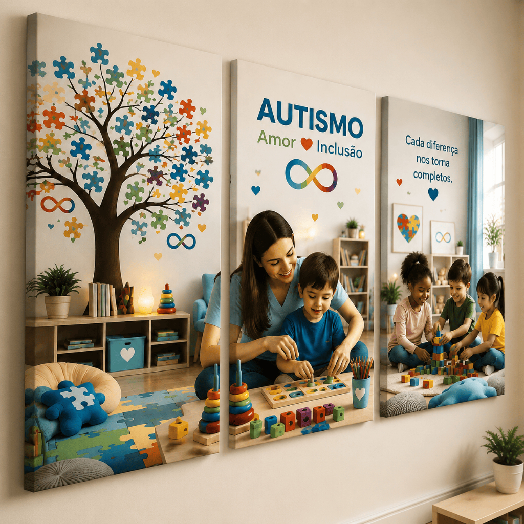 Quadro Autismo Amor e Inclusão Infantil TEA 3 Peças Decoração Clínica, Consultório Terapia Escola