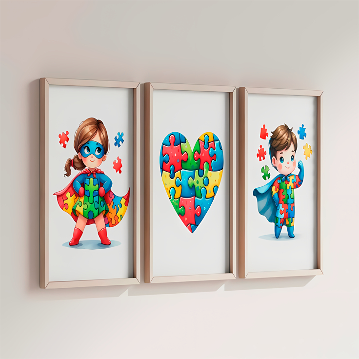 Quadro Decorativo Autismo Super-Heróis Quebra-Cabeça Infantil Conscientização TEA Colorido